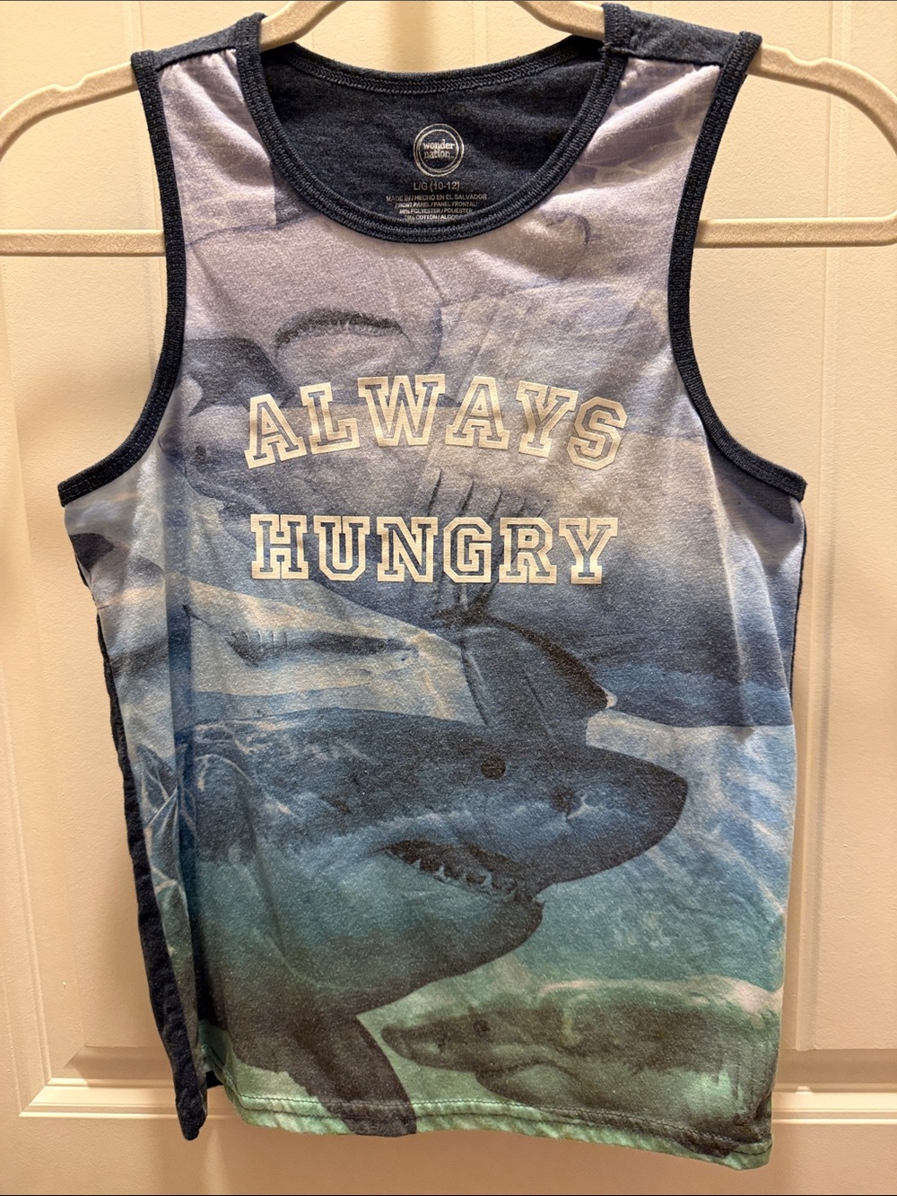 Wonder Nation Boy’s Blue & Black Shark 'Always Hungry' Tank Top (L 10/12)